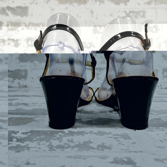 Juicy Couture Black Gold Platform Patent Leather Sandal Wedge Straps O347 - Picture 6 of 13